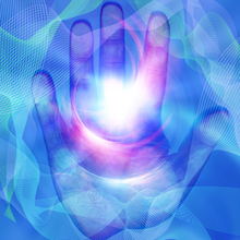 Vivid blue pink hand for remote energy healing to increase your access to healing