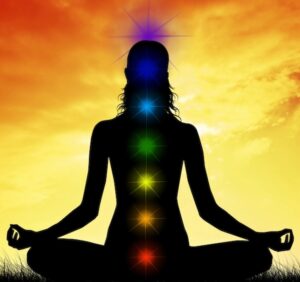 Seated woman with chakras for Muladhara and Root Chakra